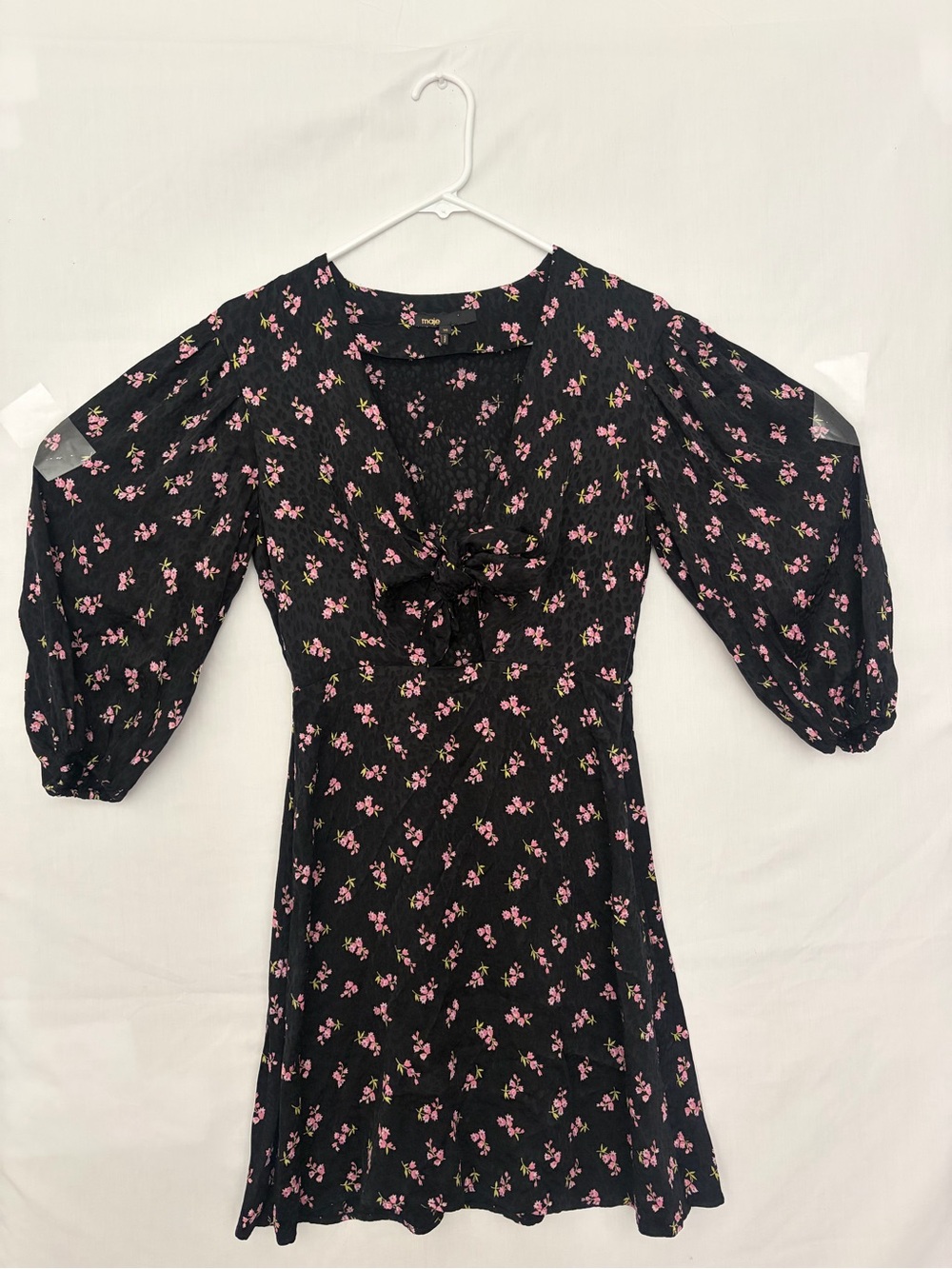 Maje Paris Black Pink Floral Jacquard Front Tie Cutout Mini Dress 36 US S(A883)